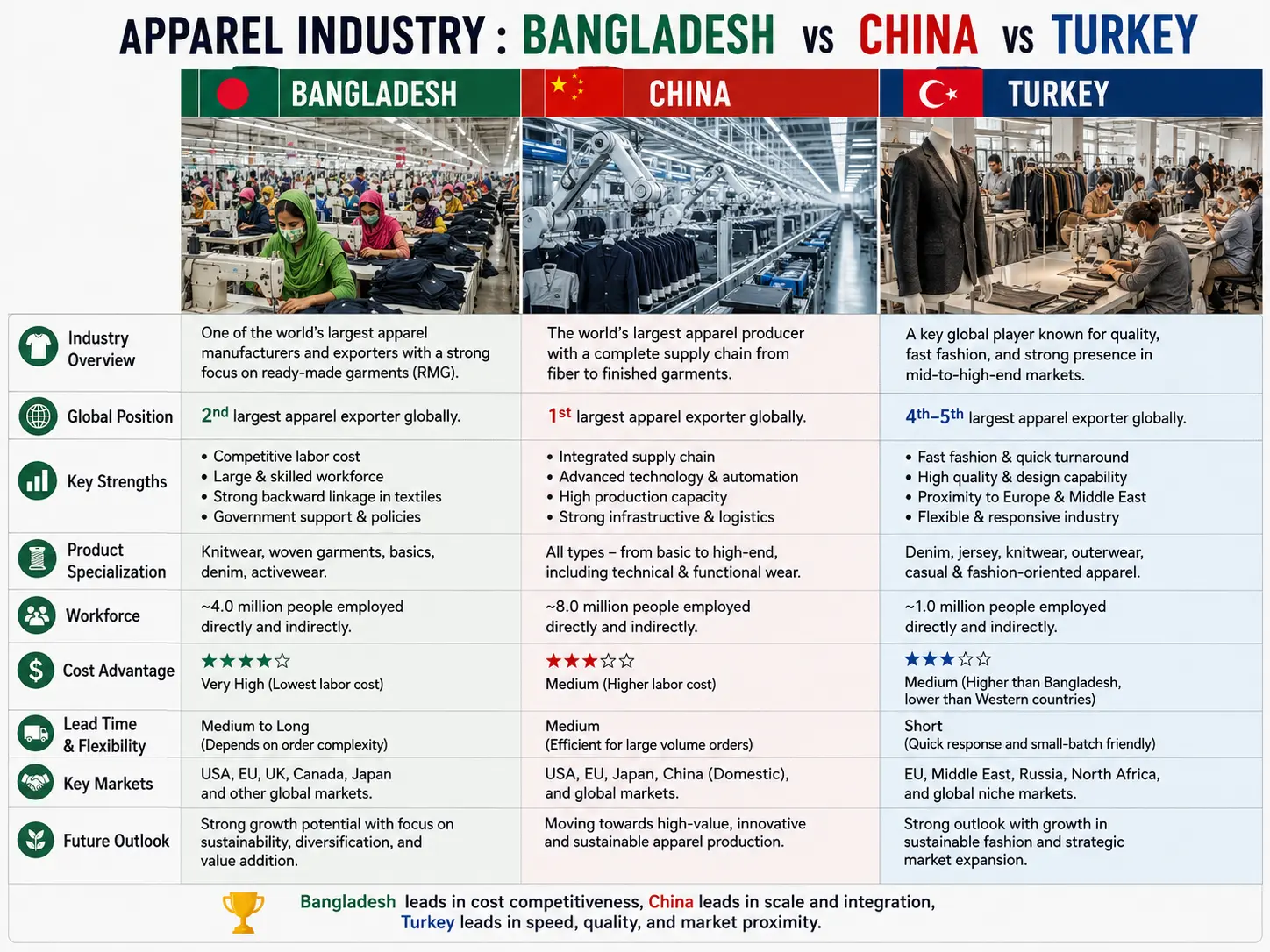 Bangladesh vs China vs Turkey garment sourcing comparison — Milky Fashions