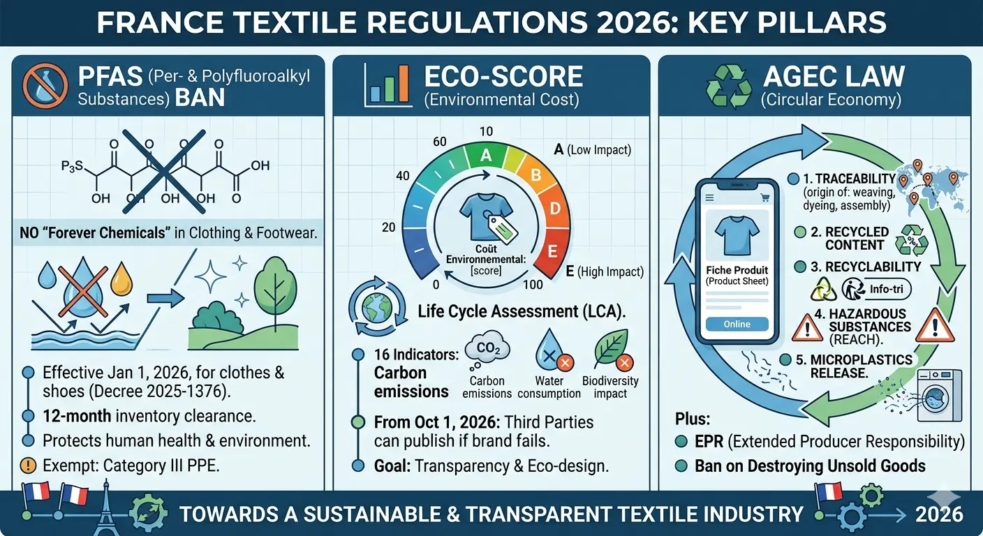France Textile Regulations in 2026: The PFAS Ban, the Environmental Cost Label and AGEC France textile regulations 2026 PFAS ban and environmental cost label for apparel brands