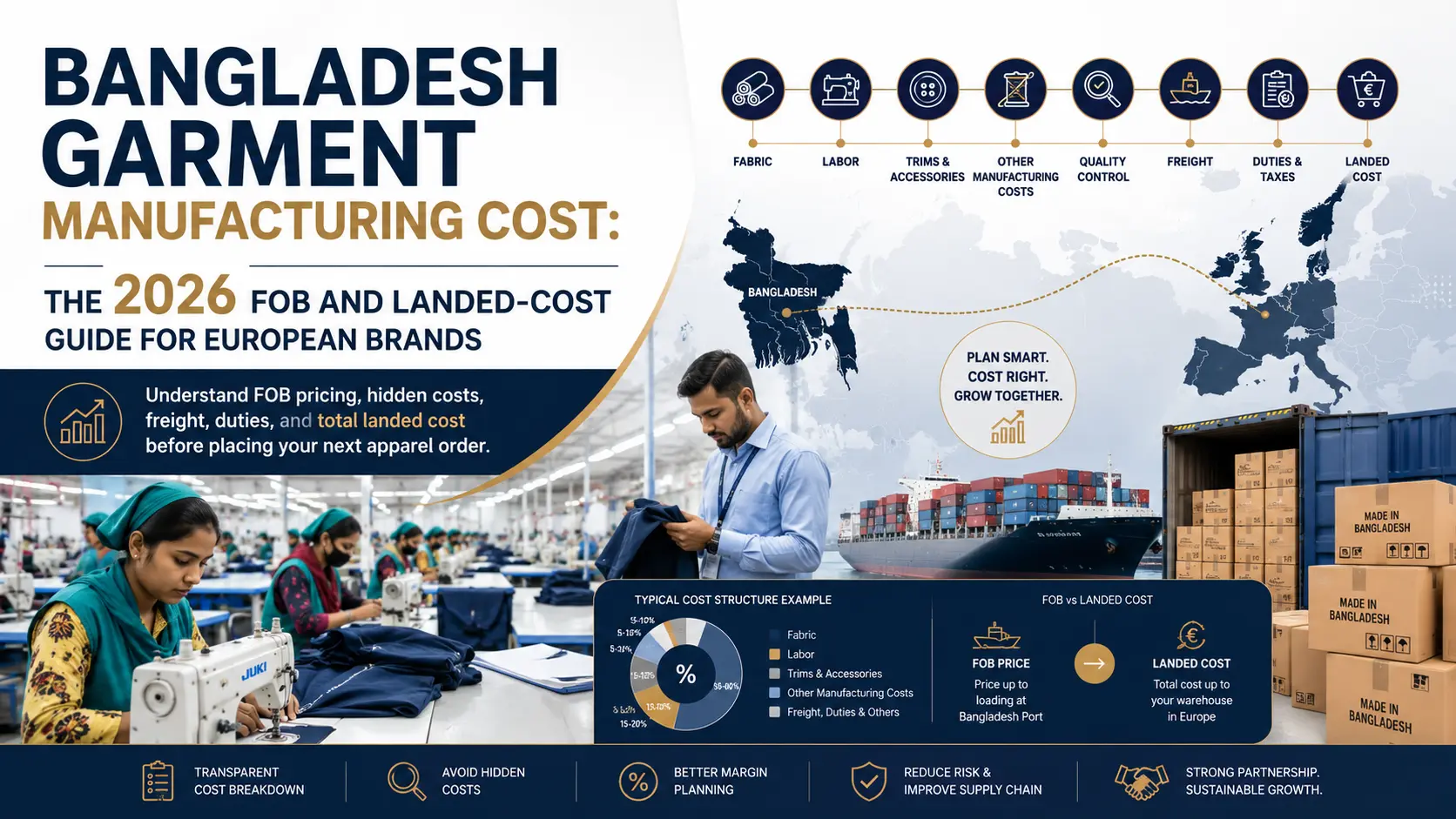 # Bangladesh Garment Manufacturing Cost: The 2026 FOB and Landed-Cost Guide for European Brands **In 2026, the cost to manufacture clothing in Bangladesh typically runs from around $2.50 to $9.00 per piece FOB, depending on the product, fabric and order size.** A basic cotton T-shirt sits near $2.50–$3.50, a premium combed-cotton polo around $4.50–$7.00, and a fleece hoodie roughly $6.00–$10.00. But that FOB figure is only the starting line. What actually lands in your warehouse in Paris, Berlin, Madrid or London is a different number once freight, duty and VAT are added. Most "cost to manufacture in Bangladesh" articles are written by factories quoting their own capacity. This guide is written from the other side of the table — the buying house that builds these cost sheets, negotiates them line by line, and ships against them every week. Below is exactly how a Bangladesh FOB price is constructed, what moves it up or down, and how it converts to a true landed cost for brands in France, Germany, Spain and the UK. ## What does it cost to manufacture clothing in Bangladesh in 2026? Here are indicative 2026 FOB Chittagong price ranges by product category, based on real quotes for mid-volume orders (roughly 1,000–5,000 pieces per style, per colour). Treat these as planning benchmarks, not fixed quotes — your exact number depends on your tech pack. | Product | Typical fabric | Indicative FOB (per piece, USD) | |---|---|---| | Basic cotton T-shirt | 150–180 gsm single jersey | $2.50 – $3.50 | | Premium / combed-cotton tee | 180–220 gsm | $4.00 – $5.50 | | Piqué polo shirt | 200–240 gsm | $4.50 – $7.00 | | Sweatshirt | 300–320 gsm fleece | $5.00 – $8.00 | | Hoodie (zip or pullover) | 320–350 gsm fleece | $6.00 – $10.00 | | Knit sweater / cardigan | 3–12 gauge yarn | $6.00 – $14.00 | | Basic 5-pocket denim | 10–12 oz denim | $6.50 – $12.00 | | GOTS organic-cotton tee | certified jersey | $6.50 – $9.00 | Two products with the same name can be quoted 40% apart. A "T-shirt" in carded cotton with a printed woven label is a different animal from a combed-cotton tee with an embroidered chest logo, side seams and a branded neck tape. This is why a precise [tech pack for garment manufacturing](https://www.milkyfashions.com/tech-pack-garment-manufacturing/) is the single biggest lever you have over quote accuracy — vague specs get vague (and usually inflated) prices. ### Why these are FOB prices, not landed cost FOB means **Free On Board**. The price covers everything up to the moment your goods are loaded onto the vessel at the port of Chittagong: fabric, cutting, sewing, trims, finishing, packing and inland transport to port. It does **not** include ocean freight, marine insurance, import duty or VAT in your destination country. When a factory or agent quotes you "$3.20," they almost always mean $3.20 FOB. The delivered-to-your-door number is higher, and we break that out in full further down. ## How a Bangladesh FOB price is actually built Behind every FOB figure is a cost sheet. When we cost a style for a client, we build it from the bottom up so nothing is hidden. Understanding this anatomy lets you challenge a quote intelligently instead of just asking for "a better price." ### Fabric and the Bill of Materials (BOM) Fabric is the largest single cost in almost every garment — commonly 55–70% of the FOB price. It is calculated from your **fabric consumption** (how many kilograms of knit or metres of woven cloth the garment needs) multiplied by the fabric price per kg or per metre, plus a wastage allowance of roughly 8–15%. This is where Bangladesh's structural advantage lives. Large vertically integrated groups spin yarn, knit or weave the fabric, dye it and cut-and-sew it on a single campus. That removes handoffs that add both cost and 25–40 days of lead time elsewhere. It is also why cotton-based knitwear is Bangladesh's sweet spot, and why complex synthetics or structured tailoring are often better sourced elsewhere — a point we cover in [Bangladesh vs China vs Turkey](https://www.milkyfashions.com/bangladesh-vs-china-vs-turkey-garment-sourcing/). ### CMT — cut, make, trim (the labour line) CMT is the conversion cost of turning fabric into a finished garment: cutting, sewing, and finishing labour. It is driven by the **SMV** (Standard Minute Value) — the number of machine minutes a garment takes to sew — multiplied by the factory's cost per minute. Bangladesh's cost edge here is real but frequently misunderstood. The RMG sector minimum wage is roughly 12,500 BDT (about $114) per month, materially below Vietnam and India for equivalent skill bands. That keeps CMT low on simple, high-repetition styles. The moment a style adds operations — pin tucks, complex panels, multiple washes — SMV climbs and the labour advantage narrows. Simple, cotton, high-volume is where Bangladesh wins on CMT. ### Trims, accessories and packaging Every non-fabric component sits here: sewing thread, labels, hangtags, care labels, zippers, buttons, drawcords, elastic, poly bags and cartons. Individually small, collectively meaningful — often 8–15% of FOB. This line also hides a classic trap. If your BOM just says "zipper," the factory quotes the cheapest nylon zipper to keep the number attractive. Specify "YKK metal zipper" later and the price jumps. Branded trims (YKK, specific care-label stock, custom woven labels) belong in the BOM from day one. ### Testing, compliance and overhead Serious buyers require third-party testing (fibre composition, colour fastness, dimensional stability, and chemical safety under [REACH and OEKO-TEX](https://www.milkyfashions.com/reach-oeko-tex-compliance-apparel/)). Add factory overhead — utilities, machinery depreciation, floor management, and the cost of maintaining audits like [BSCI, WRAP, SEDEX and amfori](https://www.milkyfashions.com/bsci-vs-wrap-vs-sedex-amfori-2026/). A compliant, well-run factory carries more overhead than a non-compliant one, which is precisely why the cheapest quote is often the riskiest. Compliance is not a tax on your price; it is what protects your brand from a supply-chain scandal. ### Factory margin, buying-house commission and the final FOB On top of direct cost, the factory adds its profit margin — for most Bangladesh RMG products this is a thin single-digit to low-double-digit percentage. A buying house or [apparel sourcing agent](https://www.milkyfashions.com/apparel-sourcing-agent-bangladesh/) then adds a commission (commonly 5–10%) for finding and vetting the factory, running development, controlling quality and managing shipment. That commission is where buyers get nervous — and where they misunderstand the maths. A good buying house typically negotiates a better FOB, catches defects before they ship, and prevents the costly failures documented in [why small fashion brands fail at Bangladesh sourcing](https://www.milkyfashions.com/why-small-fashion-brands-fail-bangladesh-sourcing/). The commission is usually smaller than the losses it prevents. If you are still deciding whether you need one, [what is a garment buying house](https://www.milkyfashions.com/what-is-a-garment-buying-house/) explains the model in full. ## The five factors that move your unit price the most If you want a lower FOB, these are the five dials to turn — in order of impact. ### 1. Order volume and MOQ Volume is the most powerful lever. Setting up a sewing line — calibrating machines, allocating operators, running test batches — takes fixed time. Spread that setup across 500 pieces and it dominates the cost; spread it across 20,000 and it nearly disappears. FOB can fall 30–50% between a startup run and a bulk order. The realistic MOQ floor at compliant export factories is around 1,000 pieces per style, per colour. Anyone marketing 200-piece "factory" runs is usually a trader. Our full breakdown of the numbers lives in the [MOQ guide for fashion startups](https://www.milkyfashions.com/moq-guide-bangladesh-garment-sourcing/). ### 2. Fabric choice and GSM Because fabric is the biggest cost, fabric decisions move the price most. Heavier GSM means more grams per garment and a higher price. Combed cotton costs more than carded. Melange and specialty yarns cost more than solids. Choosing 180 gsm instead of 220 gsm for a tee, where the hand still suits your brand, is a legitimate way to protect margin without cutting quality. ### 3. Construction and embellishment complexity Every extra operation adds SMV and cost. Prints, embroidery, appliqué, garment dye, enzyme or stone washes, contrast panels, and special seams all push the number up. A flat screen print is cheap; multi-colour placement prints, all-over prints and embroidery are not. Denim washes in particular can add several dollars per piece. Design for manufacture: keep embellishment intentional, not accidental. ### 4. Certifications and sustainable fibres GOTS-certified organic cotton or GRS-recycled polyester typically raises FOB by 15–20% versus conventional fibres, because certified inputs cost more and the certified supply chain carries audit overhead. For many European brands this is non-negotiable and worth every cent — see [GOTS-certified factories with low MOQ in Bangladesh](https://www.milkyfashions.com/gots-certified-low-moq-bangladesh/) and our [sustainable garment sourcing](https://www.milkyfashions.com/sustainable-garment-sourcing-bangladesh/) approach. Budget for it deliberately rather than being surprised by it. ### 5. Season, capacity and cotton prices FOB is not static across the year. Global cotton and yarn indices move with harvests and energy prices. Factory capacity tightens ahead of peak Western retail seasons, and a quote booked into a full factory in July is weaker than the same quote in a quieter month. Booking capacity early — and understanding [Bangladesh garment lead times](https://www.milkyfashions.com/bangladesh-garment-lead-time/) — is itself a cost-control tactic. ## From FOB to landed cost: France, Germany, Spain and the UK This is the section most cost articles skip, and it is the one that decides your actual margin. Your landed cost is FOB **plus** freight and insurance, **plus** import duty, **plus** VAT recovery timing. Here is how it works for the four markets we are focusing on. ### Freight and insurance (CIF) Ocean freight from Chittagong to Northern European ports (Rotterdam, Hamburg, Le Havre) or UK ports (Felixstowe, Southampton) is charged per container or as LCL for smaller loads. On a full container of lightweight knitwear, sea freight and insurance typically add only $0.15–$0.40 per garment. On small LCL shipments the per-unit cost is higher. Air freight is dramatically more — often $1.70–$3.50 per piece — and should be reserved for genuine emergencies, not routine replenishment. Once freight and insurance are added to FOB, you have your **CIF** value, which is the base the customs authority uses to calculate duty. ### Import duty today: France, Germany, Spain and the UK Here is the good news for 2026, and Bangladesh's biggest commercial advantage in Europe: - **France, Germany and Spain (EU):** Bangladeshi garments currently enter the EU **duty-free and quota-free** under the Everything But Arms (EBA) scheme. On a €100,000 knitwear shipment, EBA saves roughly €9,600 in duty versus a non-preferential origin. That zero-duty status is a core reason one in three garments sold in Europe is made in Bangladesh. - **United Kingdom:** Post-Brexit, the UK grants Bangladesh **duty-free access** under the Developing Countries Trading Scheme (DCTS), which replaced the UK's GSP in 2023. UK-bound apparel from Bangladesh also currently enters at zero duty. So today, whether you sell in Lyon, Munich, Madrid or Manchester, your Bangladesh-origin apparel carries **no import duty**. That is a structural margin advantage that sourcing from many other countries simply cannot match. Our market-specific pages go deeper for [French brands](https://www.milkyfashions.com/apparel-sourcing-bangladesh-france/), [German brands](https://www.milkyfashions.com/apparel-sourcing-bangladesh-germany/), [Spanish brands](https://www.milkyfashions.com/apparel-sourcing-bangladesh-spain/) and [UK brands](https://www.milkyfashions.com/apparel-sourcing-bangladesh-uk-brands/). ### What changes after LDC graduation in November 2026 Bangladesh is scheduled to graduate from Least Developed Country status on 24 November 2026, and this affects your duty line — but not immediately. The EU and the UK have both agreed a three-year transition, so EBA and DCTS duty-free access continue until around November 2029. The two markets then diverge. For the UK, Bangladesh is expected to keep duty-free apparel access under DCTS Enhanced Preferences even beyond 2029, though with stricter rules of origin. For the EU (France, Germany, Spain), duty-free status is expected to end after the transition, with standard GSP duties of roughly 9.6–12% applying unless Bangladesh secures GSP+ or a bilateral deal. If you build multi-year sourcing plans, model a 0% duty scenario through 2029 and a cautious EU duty scenario from 2029 onward. We keep this fully updated in the [Bangladesh LDC graduation 2026 survival guide](https://www.milkyfashions.com/bangladesh-ldc-graduation-2026/) — essential reading before you sign any long-term contract. ### VAT and the final shelf-price maths Import VAT applies on entry (20% in France and the UK, 19% in Germany, 21% in Spain), but for a VAT-registered business this is recoverable and should be treated as cash-flow timing, not a true cost. Here is a simplified worked landed cost for a combed-cotton tee sold into Germany today: - FOB Chittagong: **$4.80** - Sea freight + insurance: **+$0.25** → CIF $5.05 - EU import duty (EBA, duty-free): **+$0.00** - **Landed cost (ex-VAT): ~$5.05 per piece** That same tee sourced from a non-preferential origin at the same FOB would carry roughly $0.60 in duty on top — the difference between a healthy margin and a squeezed one, multiplied across every unit, every season. ## How to read and pressure-test a Bangladesh quote A number on its own tells you nothing. Here is how to judge whether a quote is real. ### The red flags of a "too cheap" FOB price A $1.80 cotton-tee quote at 1,000 units is not a bargain — it is a warning. Either the factory is cutting corners on fabric weight, labour or compliance, or the quote will quietly revise upward after you have committed. Sustainable, ethical, tested production has a floor, and quotes that sit below it are telling you something about what has been left out. ### Open costing vs closed costing In **closed costing**, the supplier gives you one FOB number and nothing else. In **open costing**, you see the full cost sheet — fabric consumption, fabric price, CMT, trims, testing, overhead and margin, line by line. Open costing is the mark of a trustworthy partner. It lets you challenge the fabric price, question the wastage percentage, or swap a trim — and it makes negotiation collaborative rather than adversarial. We work in open costing by default. ### Questions to ask before you approve a quote Ask what fabric GSM and composition the price assumes; what wastage percentage is built in; whether the quote is FOB or CIF; which trims and labels are branded versus generic; what testing is included; and what the price would be at the next volume tier up. If a supplier resists these questions, treat the resistance as data. For a complete framework, use our [27-point checklist for vetting a Bangladesh buying house](https://www.milkyfashions.com/how-to-vet-bangladesh-buying-house/) and the newer [supplier vetting decision guide](https://www.milkyfashions.com/how-to-vet-bangladesh-apparel-supplier-2026/). ## How Milky Fashions keeps your costing transparent Milky Fashions is a BGBA-registered garment buying house that has costed and shipped apparel for European brands since 2002. We build every style in open costing, negotiate FOB line by line against a network of compliant, audited factories, and manage the whole path from [first order](https://www.milkyfashions.com/how-to-order-garments-bangladesh/) to delivered goods across [T-shirts](https://www.milkyfashions.com/t-shirt-supplier-bangladesh/), [polo shirts](https://www.milkyfashions.com/polo-shirt-manufacturer-bangladesh/), [sweatshirts](https://www.milkyfashions.com/sweatshirt-manufacturer-bangladesh/), [hoodies](https://www.milkyfashions.com/hoodie-manufacturer-bangladesh/), [knitwear](https://www.milkyfashions.com/knitwear-sourcing-bangladesh/), [sweaters and cardigans](https://www.milkyfashions.com/sweater-cardigan-manufacturer-bangladesh/) and [denim](https://www.milkyfashions.com/denim-supplier-bangladesh/). If you want a real cost sheet for your style rather than a range, [send us your tech pack](https://www.milkyfashions.com/contact/) and we will build one. ## Frequently asked questions ### How much does it cost to manufacture a T-shirt in Bangladesh? A basic cotton T-shirt costs roughly $2.50–$3.50 per piece FOB at bulk volumes, rising to $4.00–$5.50 for premium combed cotton and $6.50–$9.00 for GOTS-certified organic cotton. The exact figure depends on fabric GSM, print or embroidery, branded trims and order quantity. FOB excludes freight and duty. ### What does FOB price mean in garment sourcing? FOB (Free On Board) is the price of your goods loaded onto the vessel at the export port — here, Chittagong. It includes fabric, cutting, sewing, trims, finishing, packing and inland transport to port, but excludes ocean freight, insurance, import duty and VAT in your country. Your landed cost is always higher than FOB. ### Is it cheaper to manufacture in Bangladesh than in China or Turkey? For cotton-based knitwear at volume, Bangladesh is usually the lowest landed cost into Europe, thanks to low labour cost, vertical integration and current duty-free access. For structured tailoring, technical synthetics or very small runs, Turkey, Portugal or China can be more competitive. The right answer depends on product type, volume and destination. ### What is the minimum order needed to get good FOB pricing? Competitive FOB pricing generally starts around 1,000 pieces per style, per colour, at compliant export factories, with the best rates above 3,000–5,000 pieces. Below roughly 500 pieces, per-unit cost rises sharply because factory setup time is spread across fewer garments. ### Will Bangladeshi clothing get more expensive for EU buyers after 2026? Not immediately. Bangladesh graduates from LDC status on 24 November 2026, but the EU has agreed a three-year transition, so duty-free EBA access continues until around November 2029. After that, EU duties of roughly 9.6–12% may apply unless Bangladesh secures GSP+. The UK is expected to keep duty-free access under DCTS beyond 2029. ### How much is import duty on Bangladeshi clothing in France, Germany and Spain? Currently zero. Bangladeshi garments enter France, Germany and Spain — and the rest of the EU — duty-free and quota-free under the Everything But Arms scheme. Import VAT still applies on entry (19–21%) but is recoverable for VAT-registered businesses. ### Does the FOB price include shipping to Europe? No. FOB covers costs only up to loading at Chittagong port. Ocean freight and insurance (which convert FOB into CIF) are added separately and typically cost $0.15–$0.40 per garment on a full container of knitwear, far less than air freight.